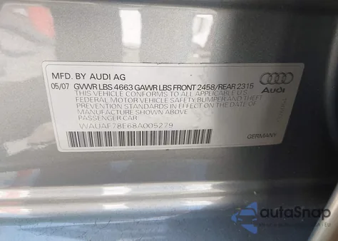 2008 Audi A4 2.0T/2.0T Special Edition from USA, damaged, VIN WAUAF78E68A005279